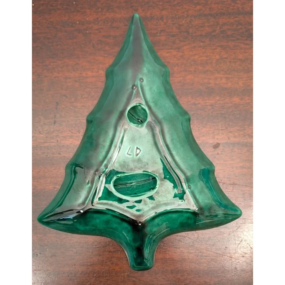 Vintage 1970s Handmade Ceramic Christmas Tree Divided Serving Tray Drip Glaze